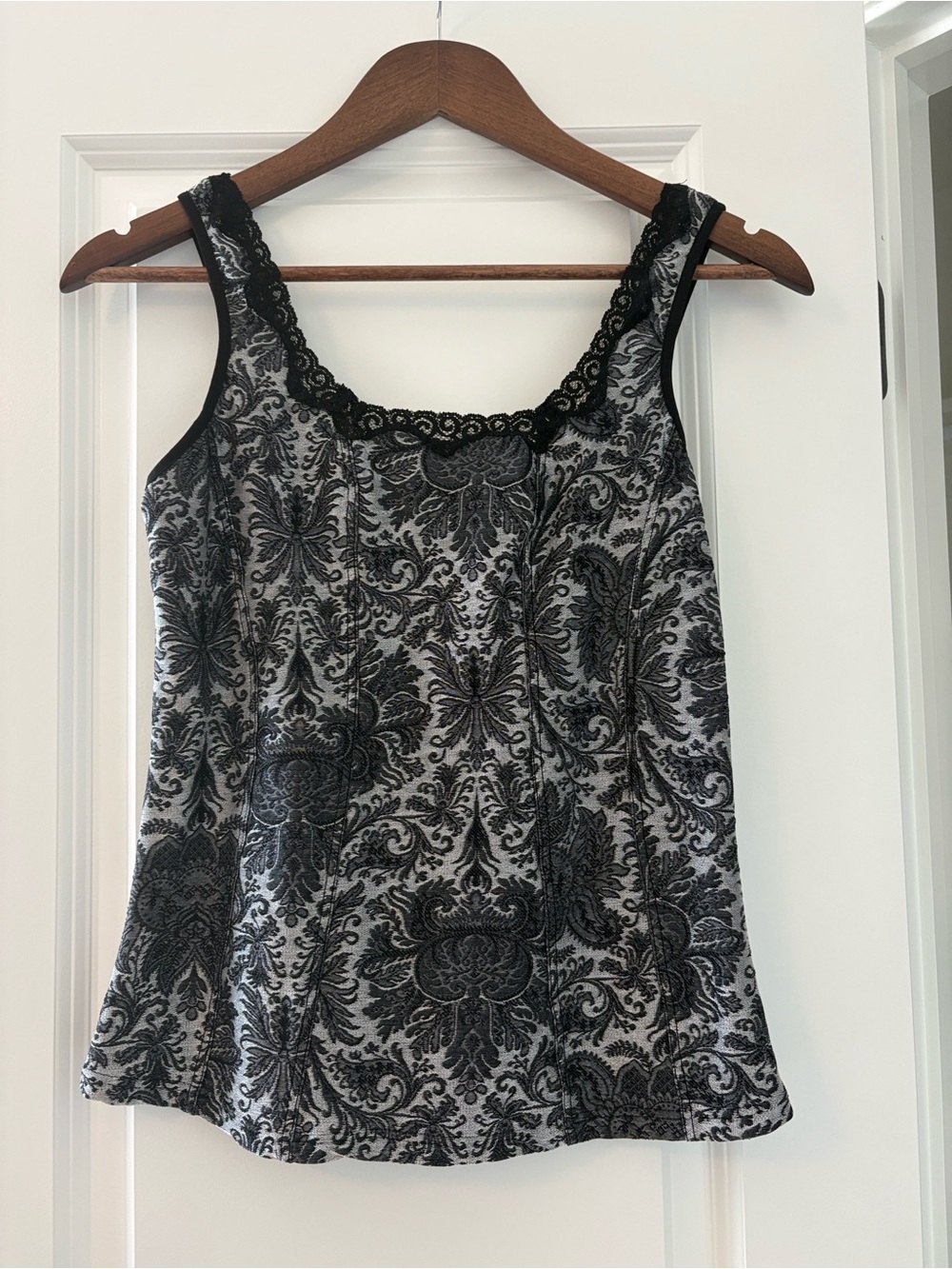 Lace-Trim Black & White Damask Tank Top